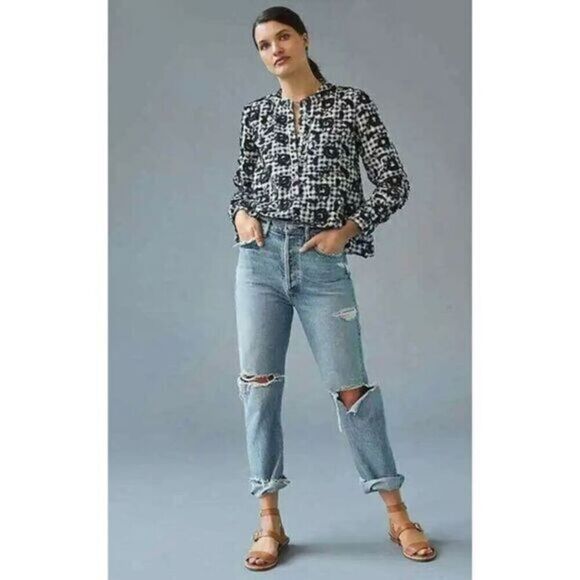 Anthropologie Pilcro The Whitney Trapeze Embroidered Buttondown Shirt Black XS - Picture 5 of 10